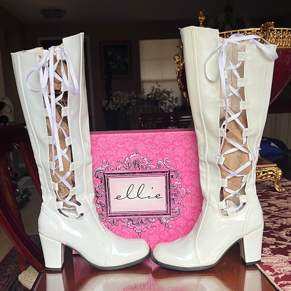 Ellie Glossy Cream With White Lace-Up Knee High Heeled Fashion Statement Boots